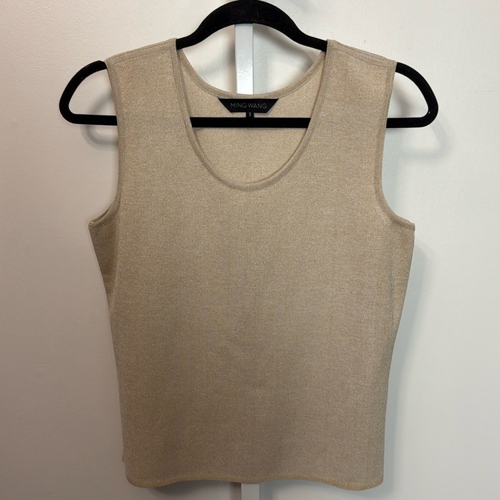 Ming Wang Cream Metallic Knit Tank Top Women Size S Scoop Neck Luxury Basic